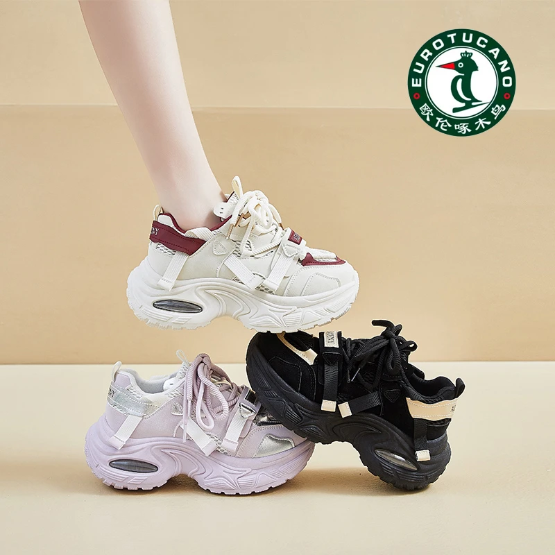 欧伦啄木鸟秋季老爹鞋女小个子透气百搭网红时尚休闲鞋增高网面鞋