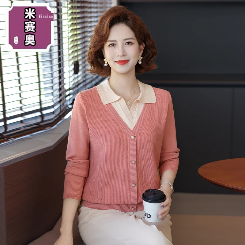 洋气妈妈秋装假两件上衣翻领针织打底衫中老年女春秋套头长袖毛衣