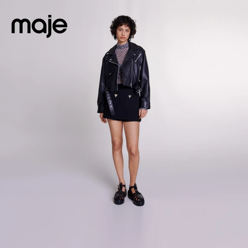 Maje春秋新款法式时尚气质机车风黑色皮衣短款外套MFPBL00694