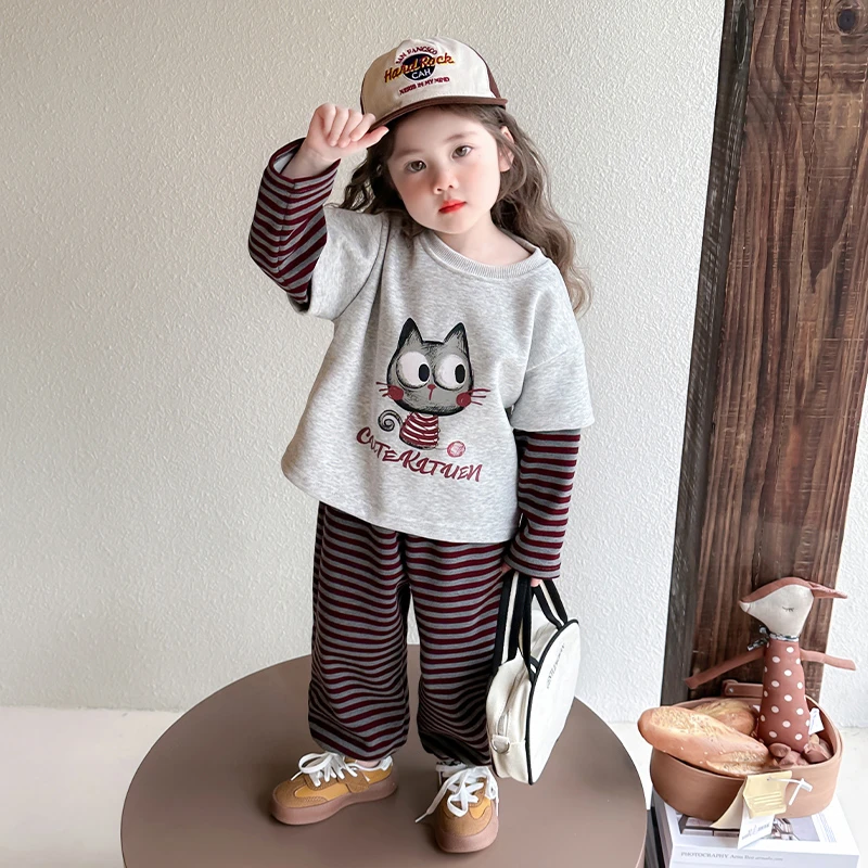 女童春装洋气套装2025新款儿童假两件卫衣时髦两件套宝宝春秋衣服