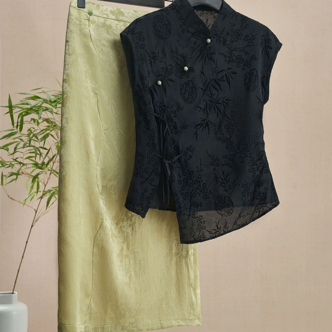 夏季女装穿搭一整套国风新中式立领提花上衣搭配显瘦半身裙两件套