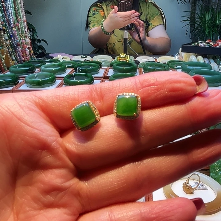 和田玉银S925镀金镶嵌耳饰哈*