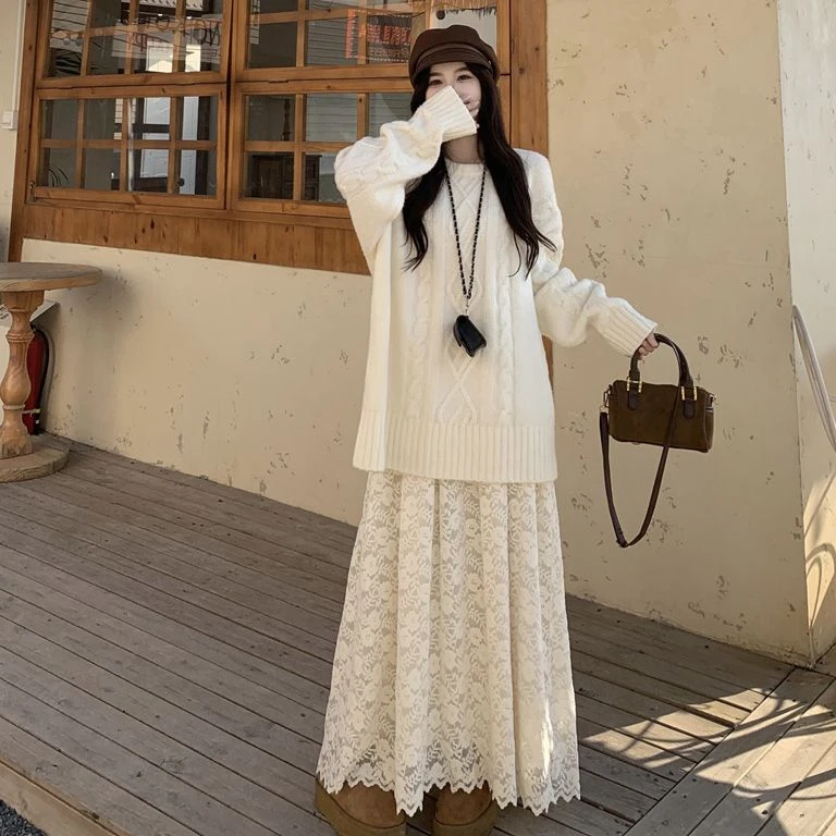 胖颖专属大码冬季新款宽松简约百搭长袖毛衣+蕾丝半裙套装6299