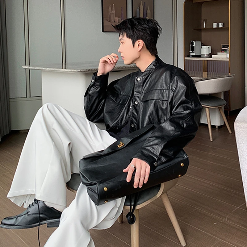 一轩轩轩【街头丹宁】春秋新款欧若风痞帅复古男款皮夹克外套z0440