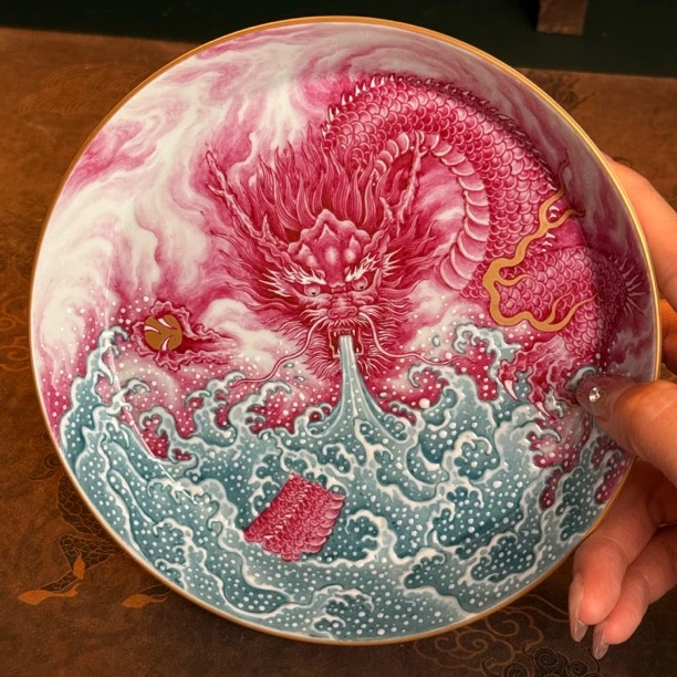 茶具景德镇青言纯手工手绘宝石红龙吸水纹三才盖碗压手杯盖置