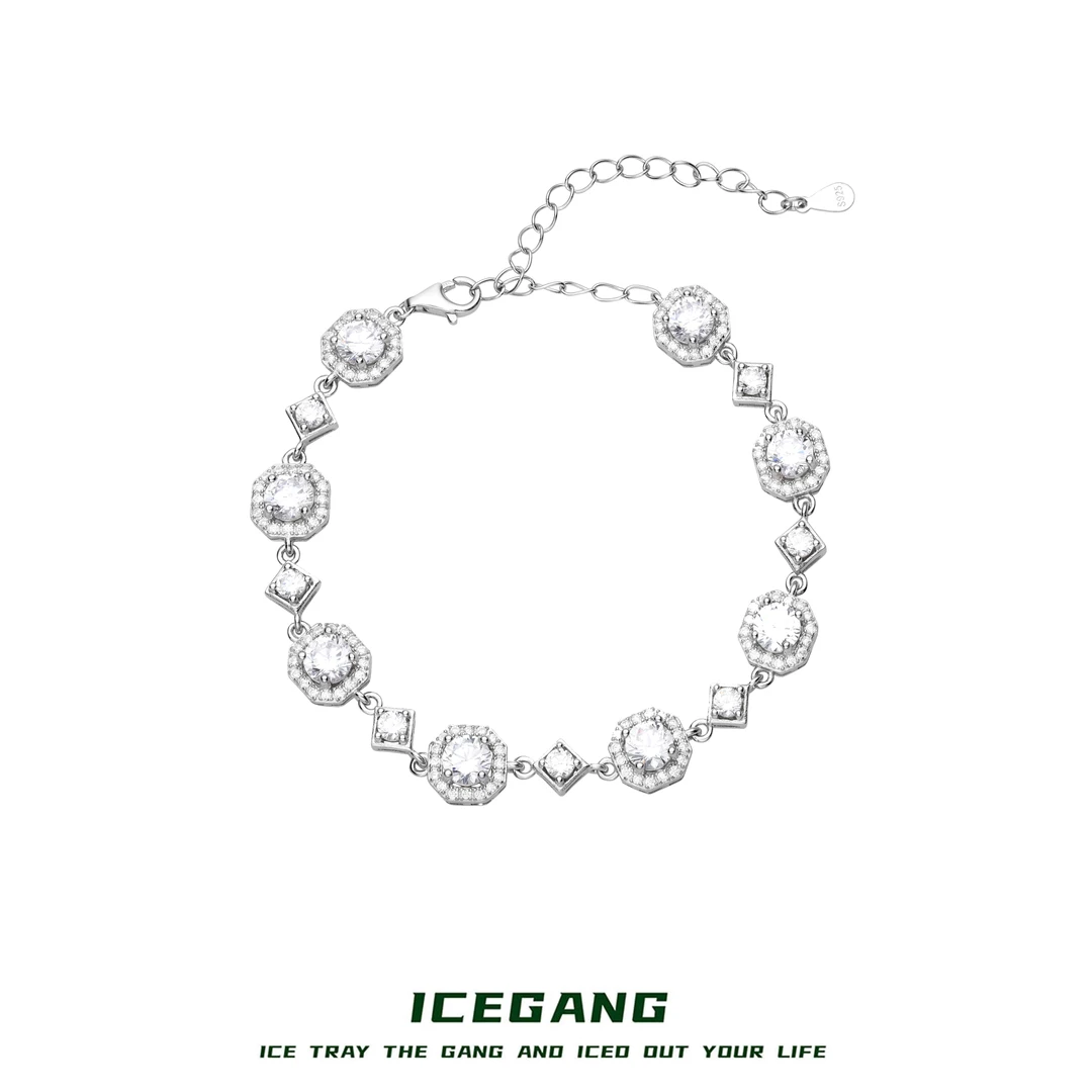 ICEGANG 925银合成锆石手链 方形满钻网球手链男女情侣镶钻简约