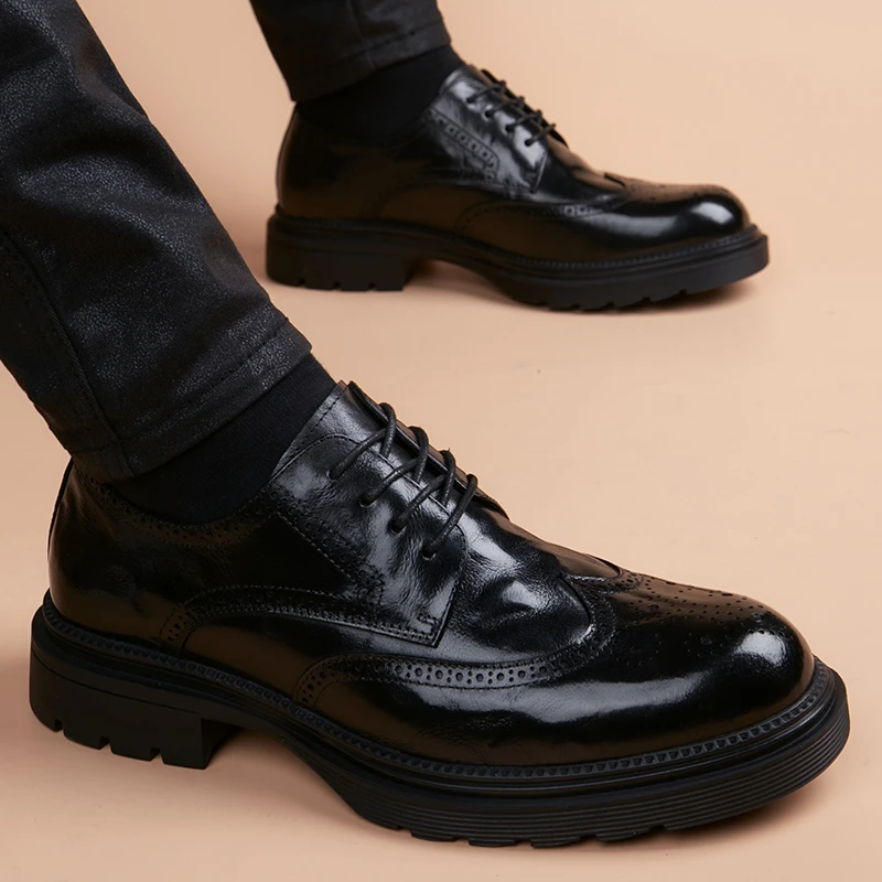 头层牛皮商务正装皮鞋男款真皮夏季布洛克休闲内增高厚底德比鞋