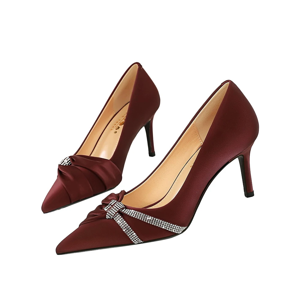 时尚宴会高跟鞋细跟浅口尖头水钻蝴蝶结高跟单鞋女鞋气质轻奢百搭