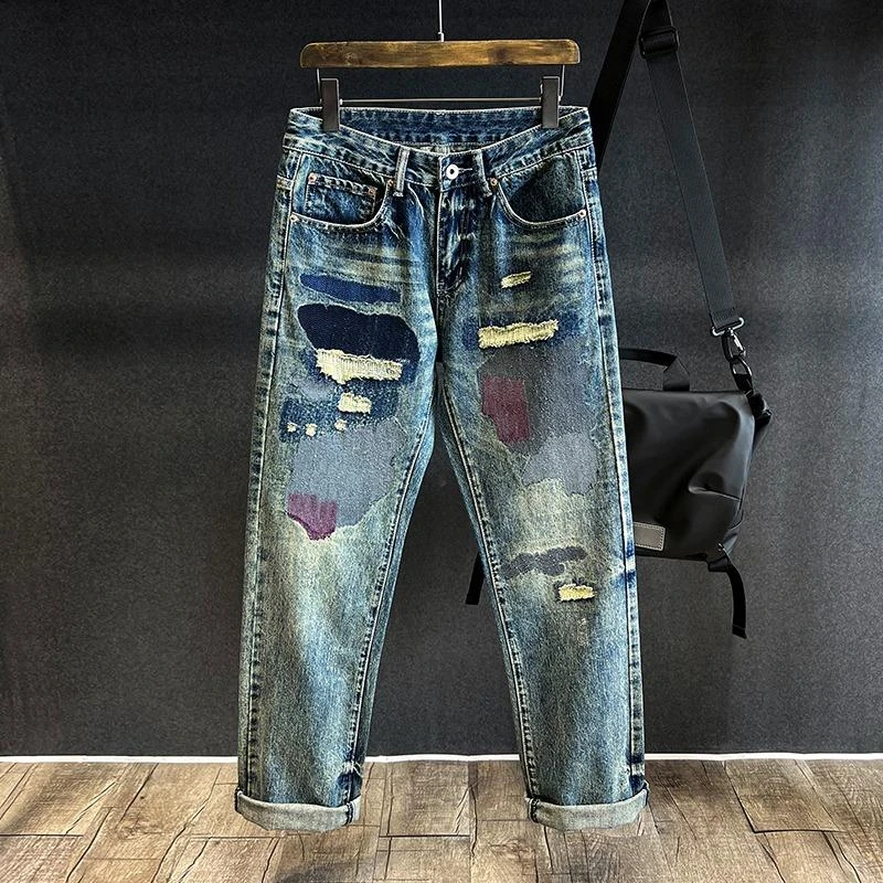 男装春秋高端刺绣直筒牛仔裤男士潮牌破洞补丁乞丐裤青年复古个