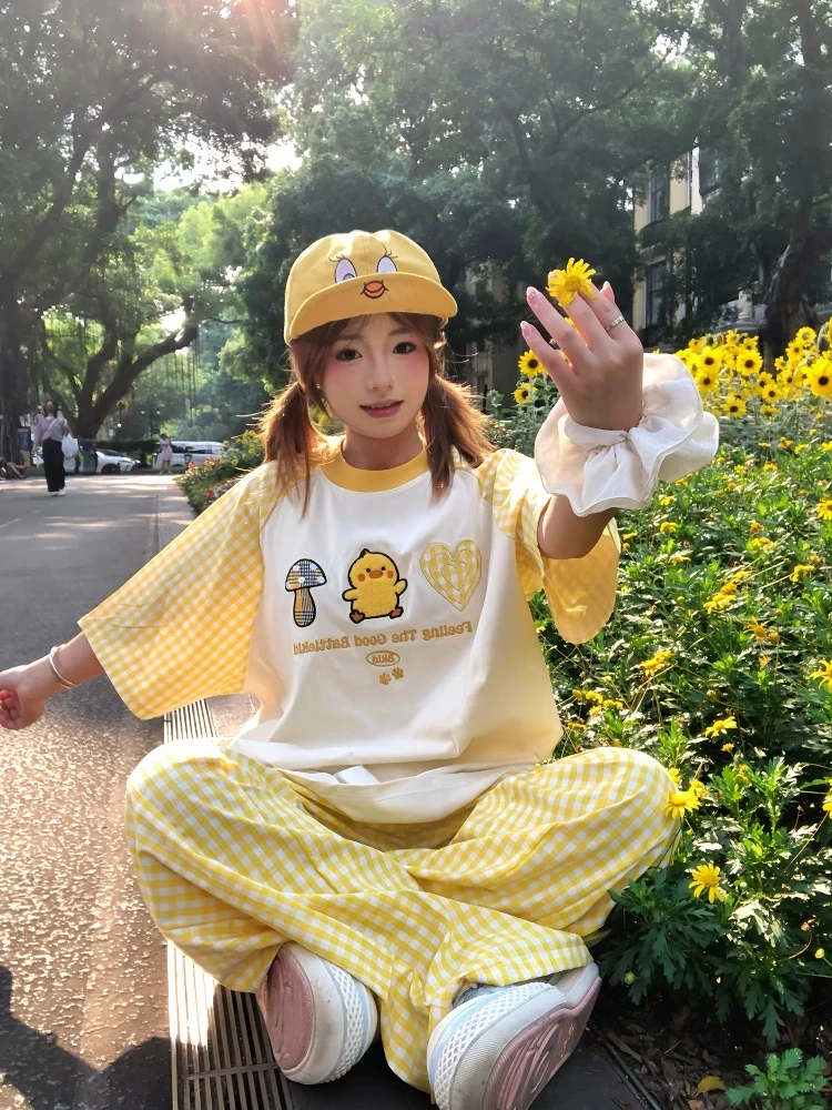 美式复古刺绣格子拼接插肩袖T恤女夏季宽松慵懒休闲情侣闺蜜上衣