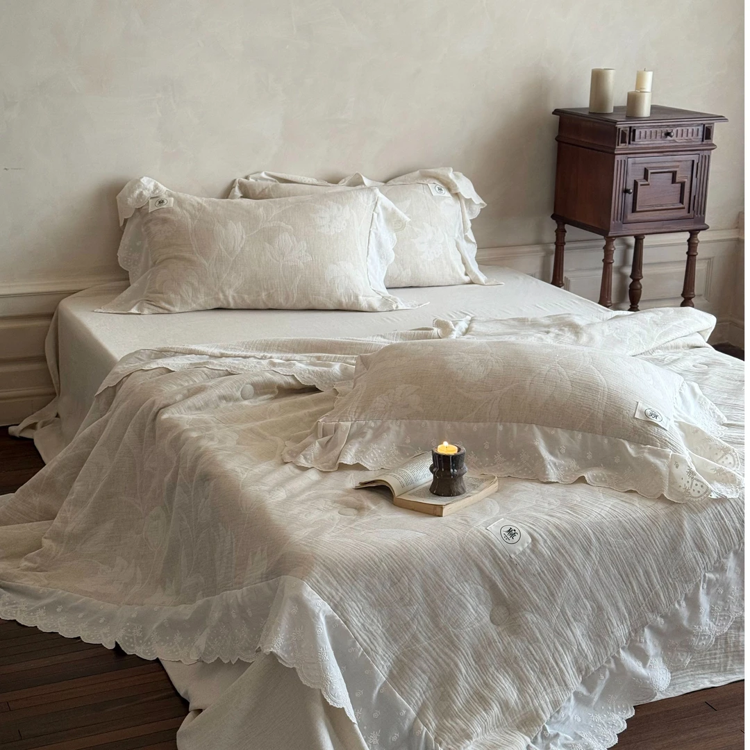 POCKET PIG/布袋猪三层皱皱纱棉麻提花夏被四件套