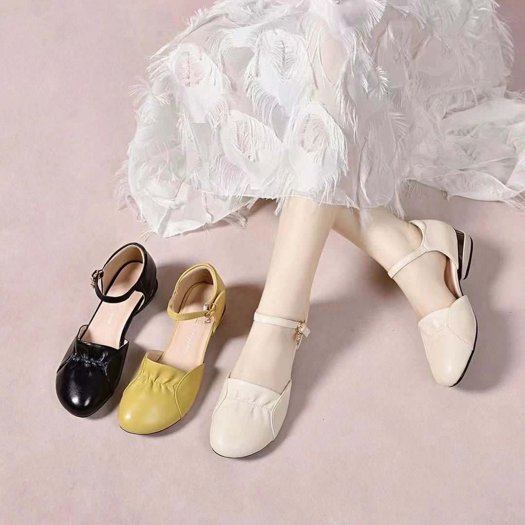 包头凉鞋女2025新款中跟夏季真皮圆头软皮软底妈妈鞋平底鞋L5