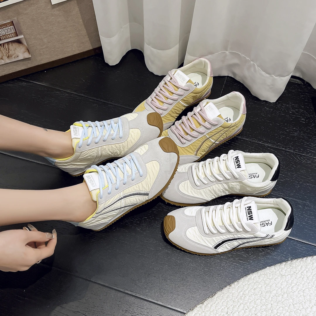 XUZHI煦芝 2025新款德训鞋女复古系带休闲百搭拼色平底阿甘鞋1904