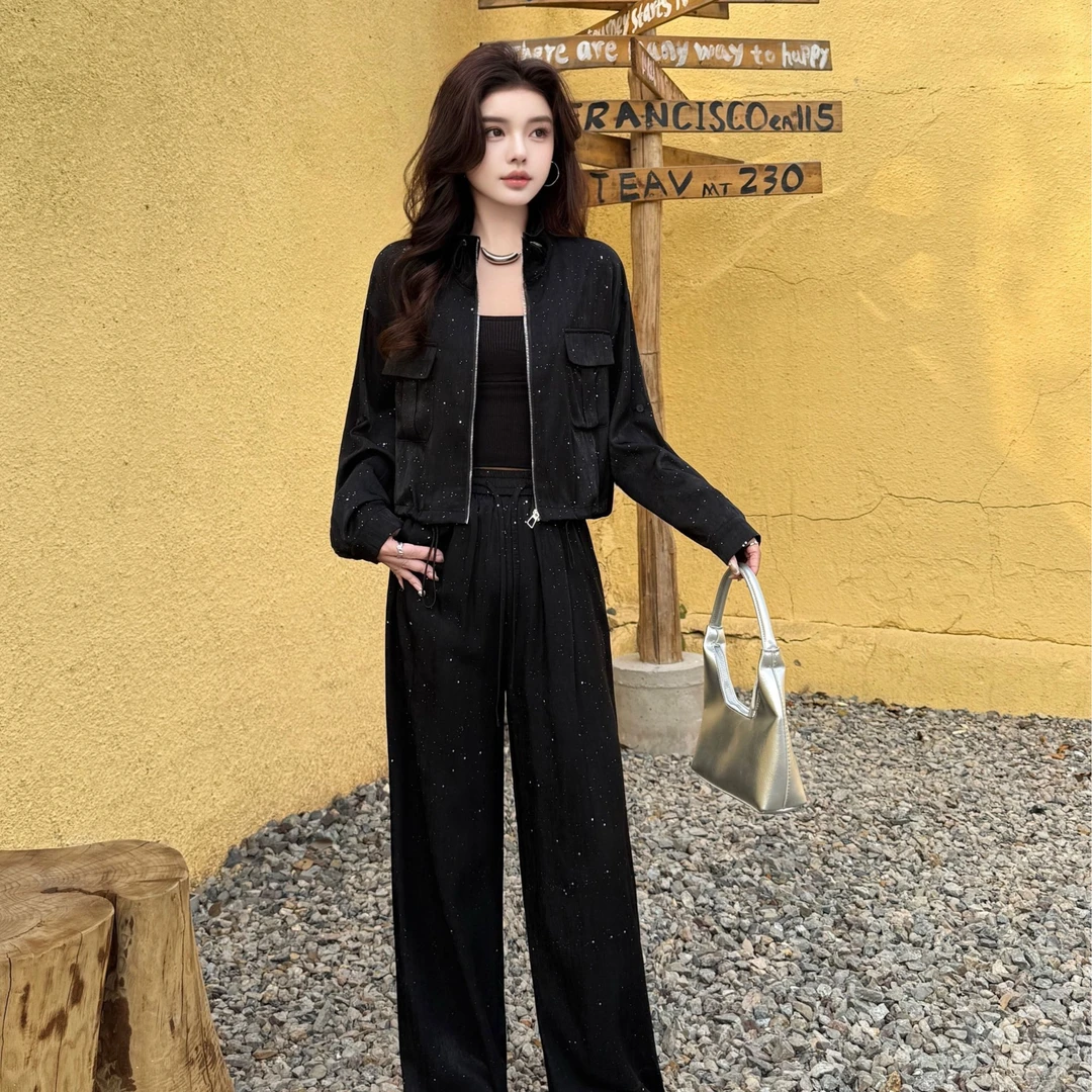 拉夏贝尔2025早秋新款套装女宽松显瘦抽绳设计感外套阔腿裤两件套