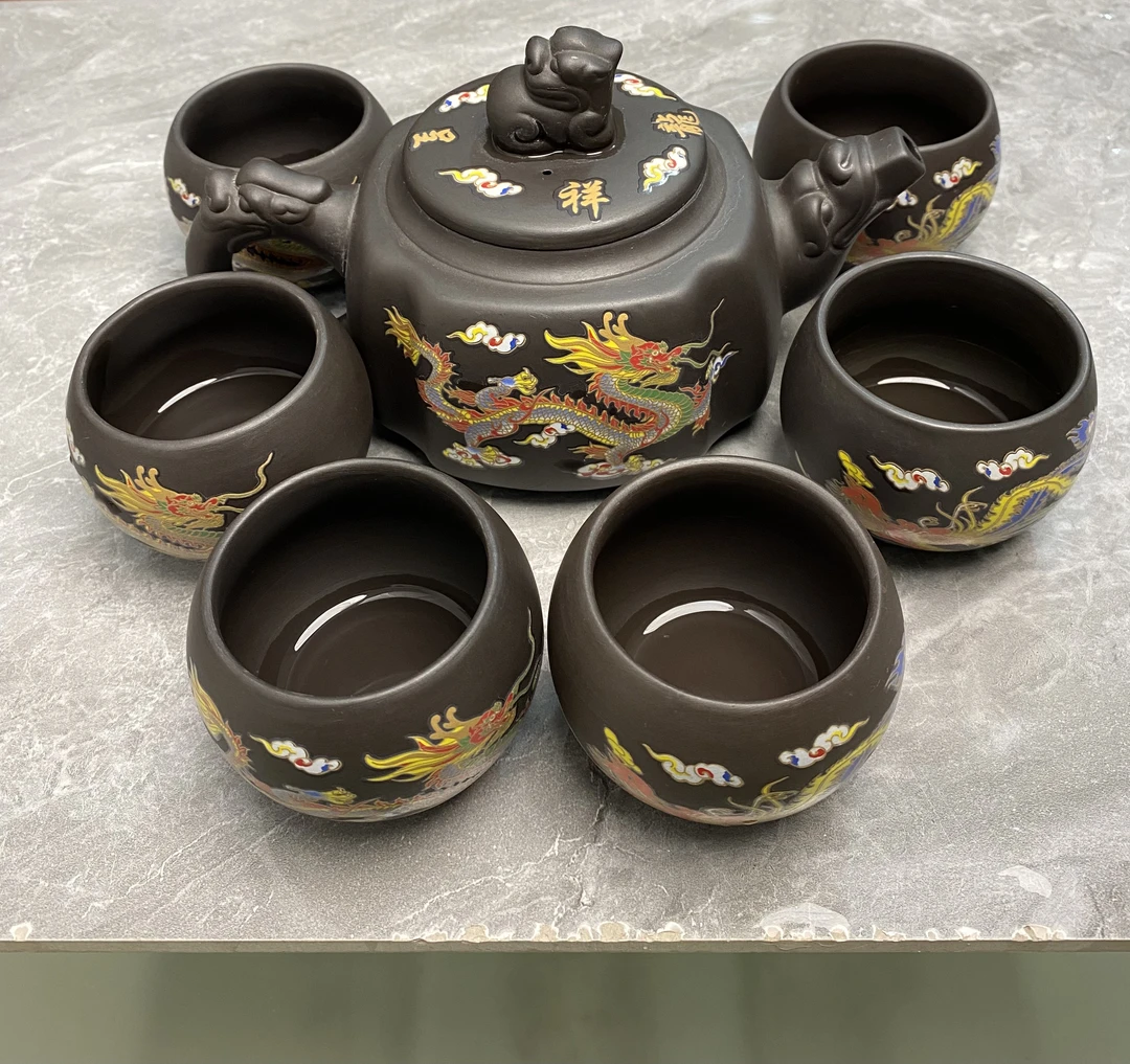 大容量600毫升四方龙尊变色凤鸣壶 一壶六不倒杯