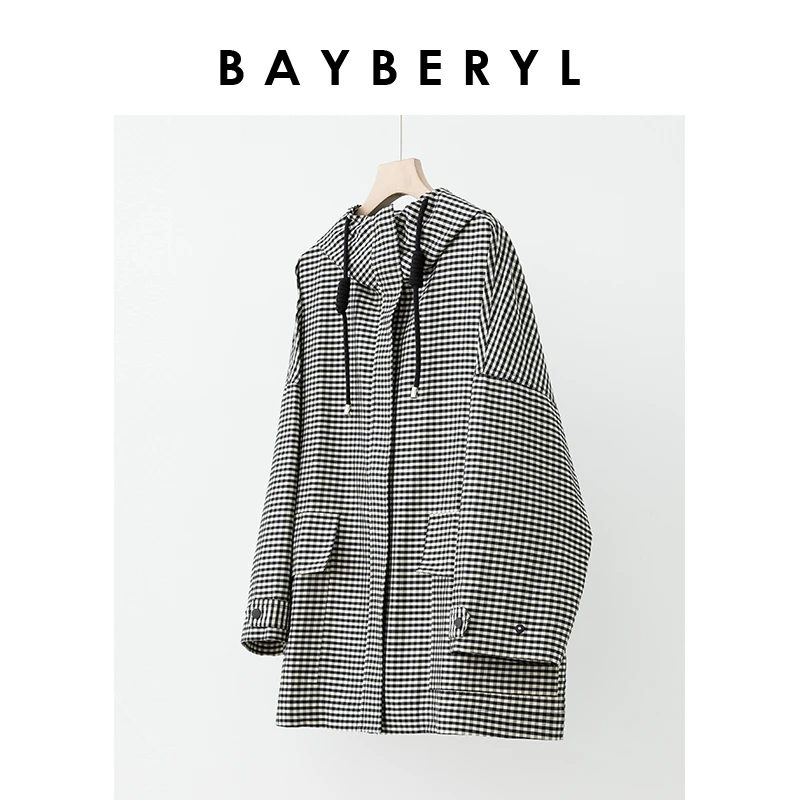 Z7-BAYBERYL老贝黑白格色织丝棉休闲连帽24春宽松外套MF3L0778