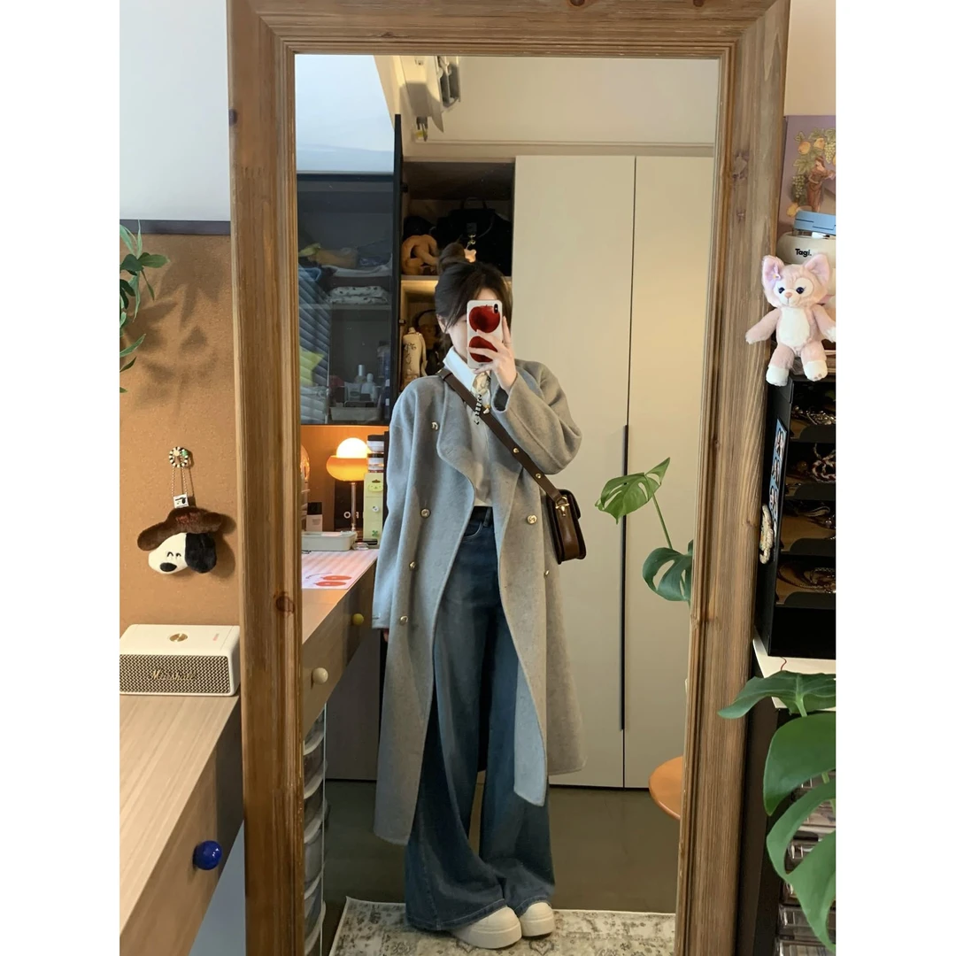 简约深灰色毛呢外套女冬季2025新款时尚双排扣过膝中长款呢子大衣