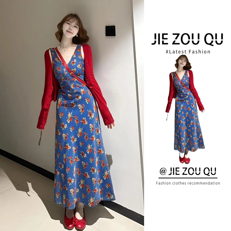 MARIE.COCO气质V领碎花连衣裙女收腰显瘦长裙时尚气质开衫套装
