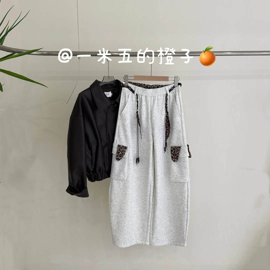美式豹纹拼接卫裤女冬季加绒直筒阔腿裤慵懒小众休闲裤A1138
