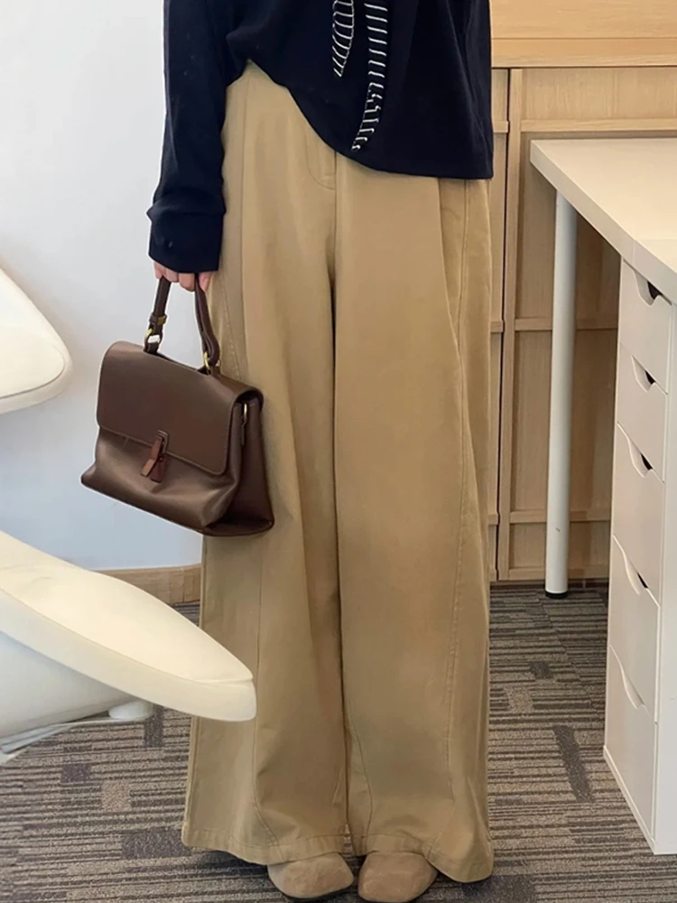 卡其色复古工装阔腿裤子女秋装大码胖mm显瘦慵懒风直筒休闲弯刀裤