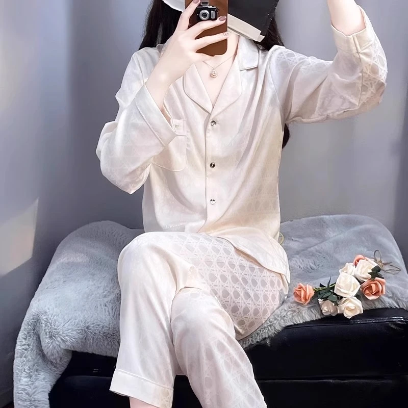 tpvl顺丰包邮2025新款菱格睡衣女春秋长袖高档白色家居服套装纯色