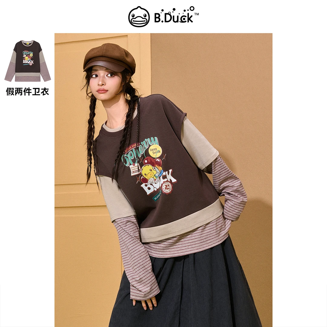 B.Duck小黄鸭复古休闲系列2025秋新款撞色条纹拼接假两件长袖T恤