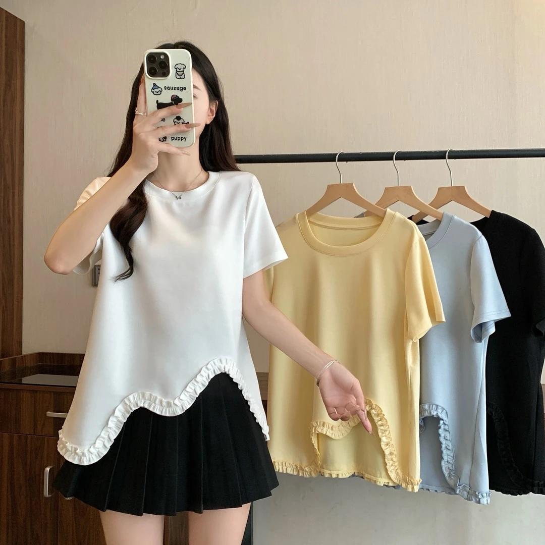 2025夏季大码女装新款下摆不规则圆领正肩T恤上衣