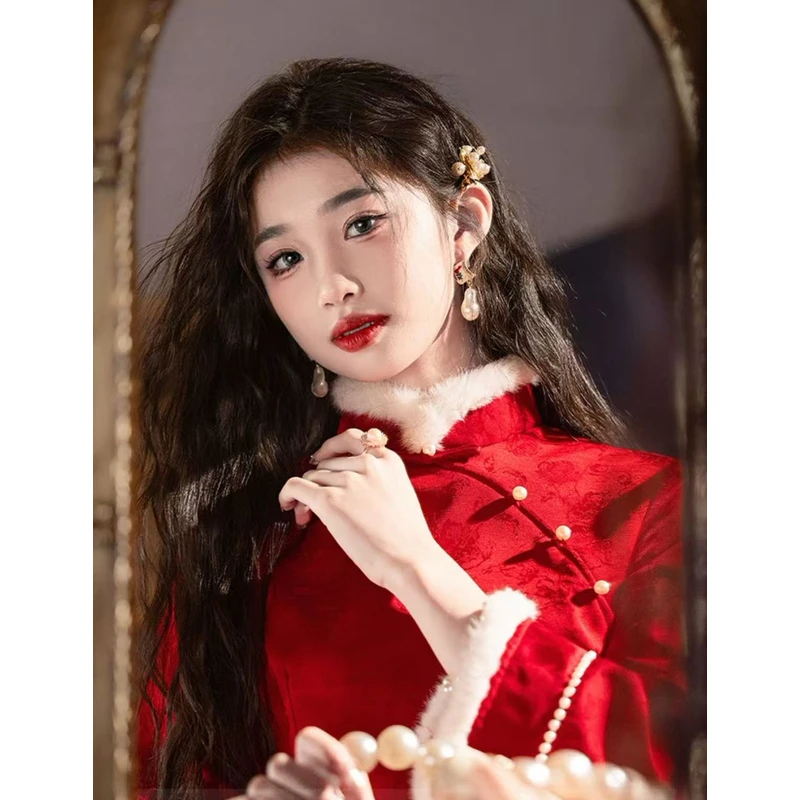 1386 酒红 暗纹 【红玫瑰】白毛领 旗袍