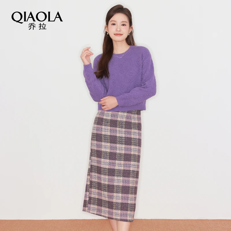 QIAOLA/乔拉【紫藤之恋】秋冬季北极绒立体花朵格纹A版时尚套装预售