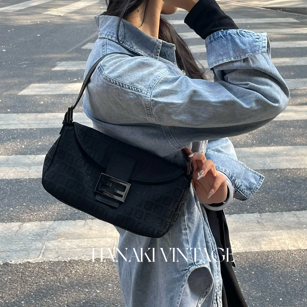 95新 FENDI/芬迪 花绮中古/芬迪黑色老花腋下单肩