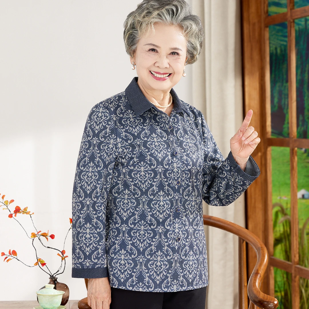 老年人秋装女长袖衬衫婆婆妈妈春秋天宽松薄外套衬衣太太奶奶衣服