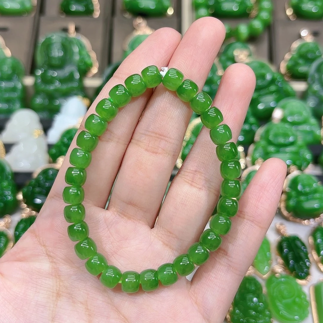 和田玉（碧玉）手串未镶嵌苹果绿直切卡七单圈