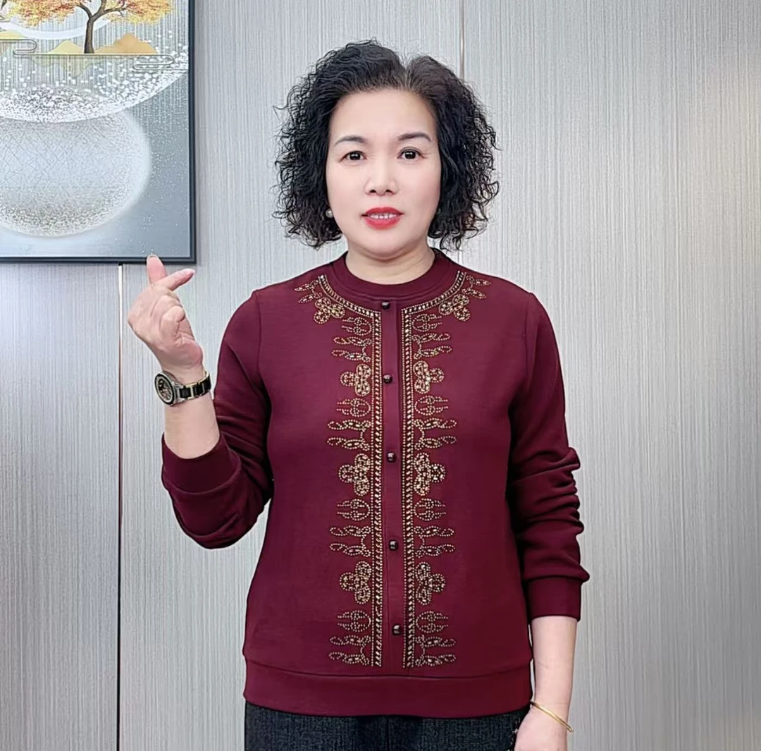 中老年女装长袖圆领烫钻打底上衣冬季纯色双面德绒妈妈装减龄小衫