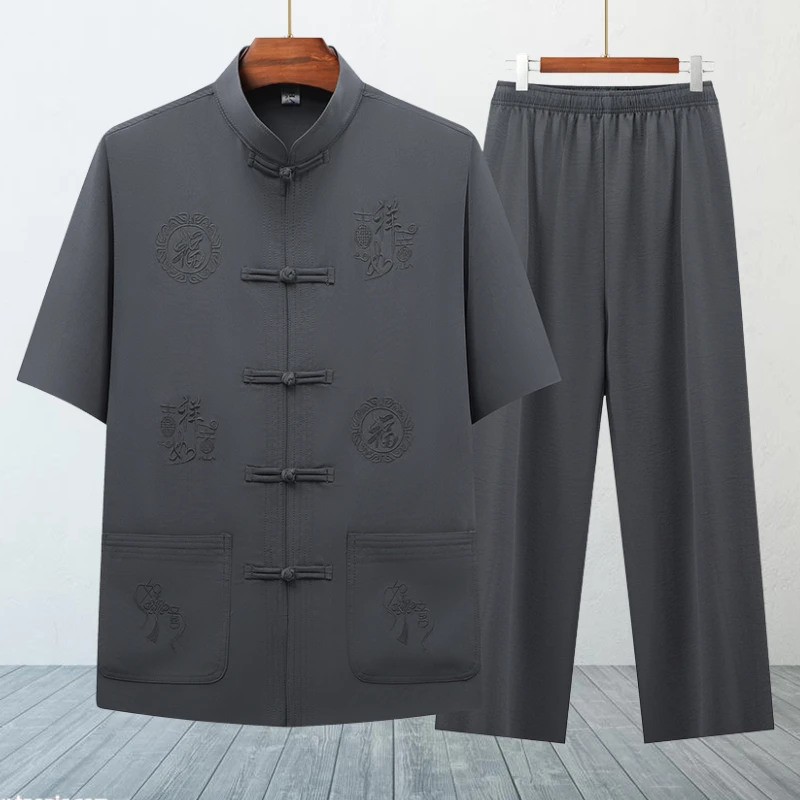 中老年夏季国风唐装男士薄款中式复古半袖中国风爸爸装套装爷爷装