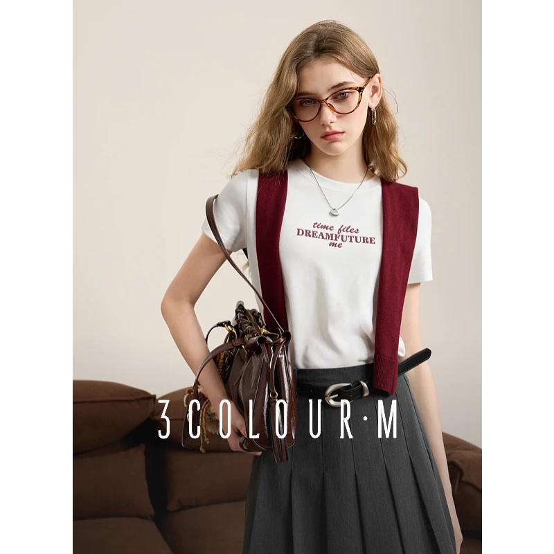 三彩2025春季新款磨毛白色T恤植绒印花正肩短袖套头内搭上衣女M
