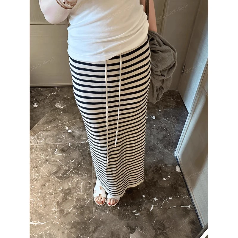 条纹抽绳半身裙女夏季高级感慵懒风休闲显瘦直筒小个子中长款裙子