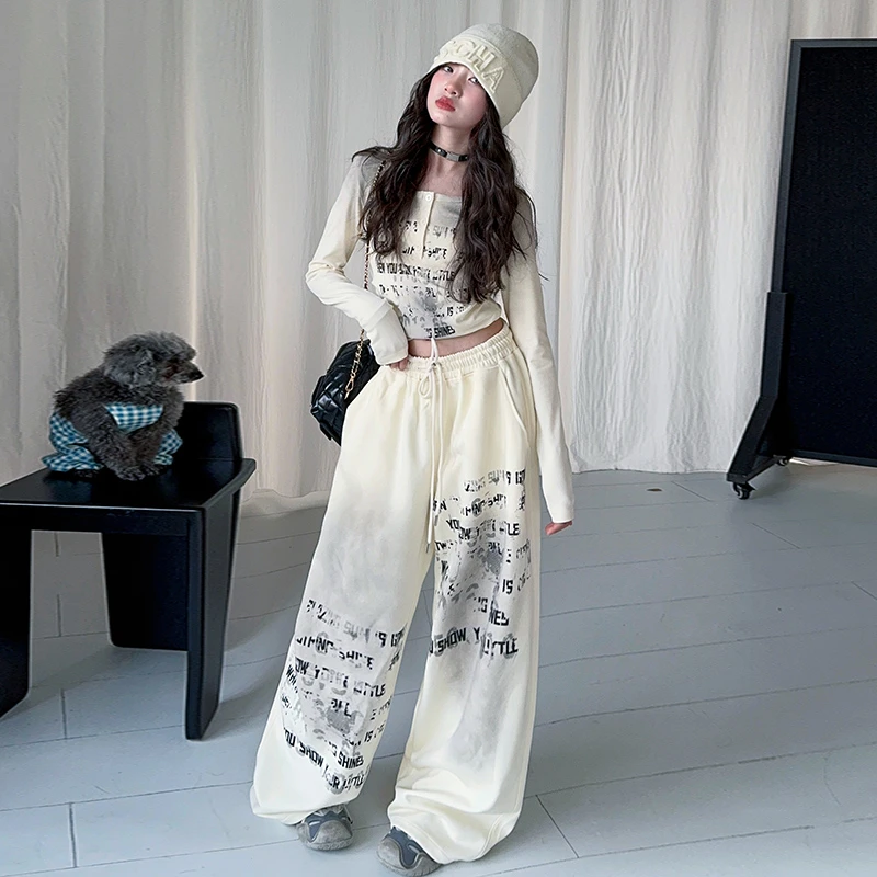 女童2025春夏街舞潮牌奶杏脏染水洗爵士嘻哈高弹运动裤修身长袖