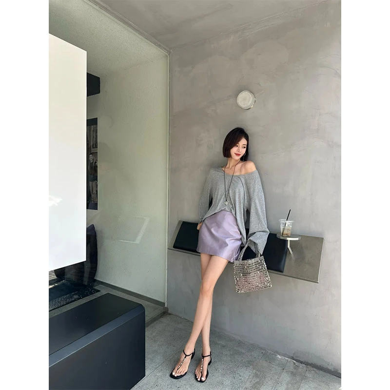 韩系御姐风休闲百搭大U领灰色长袖T恤时尚上衣高腰包臀紫色半身裙