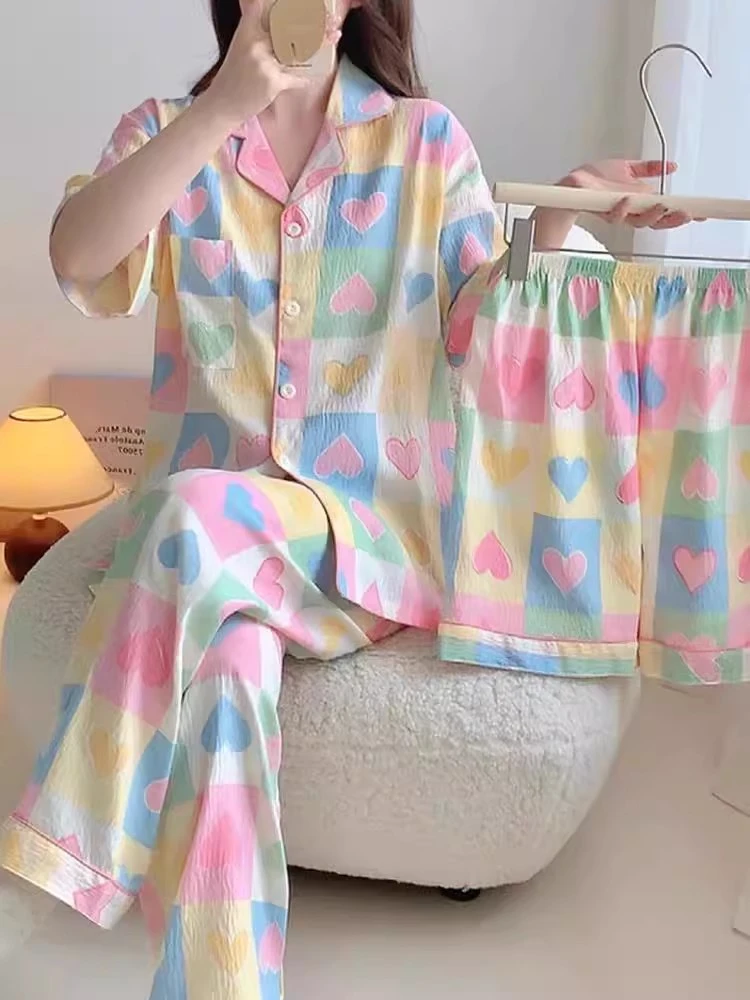 ins甜美彩格爱心大码女生睡衣女夏季短袖纯云朵棉纱三件套家居服