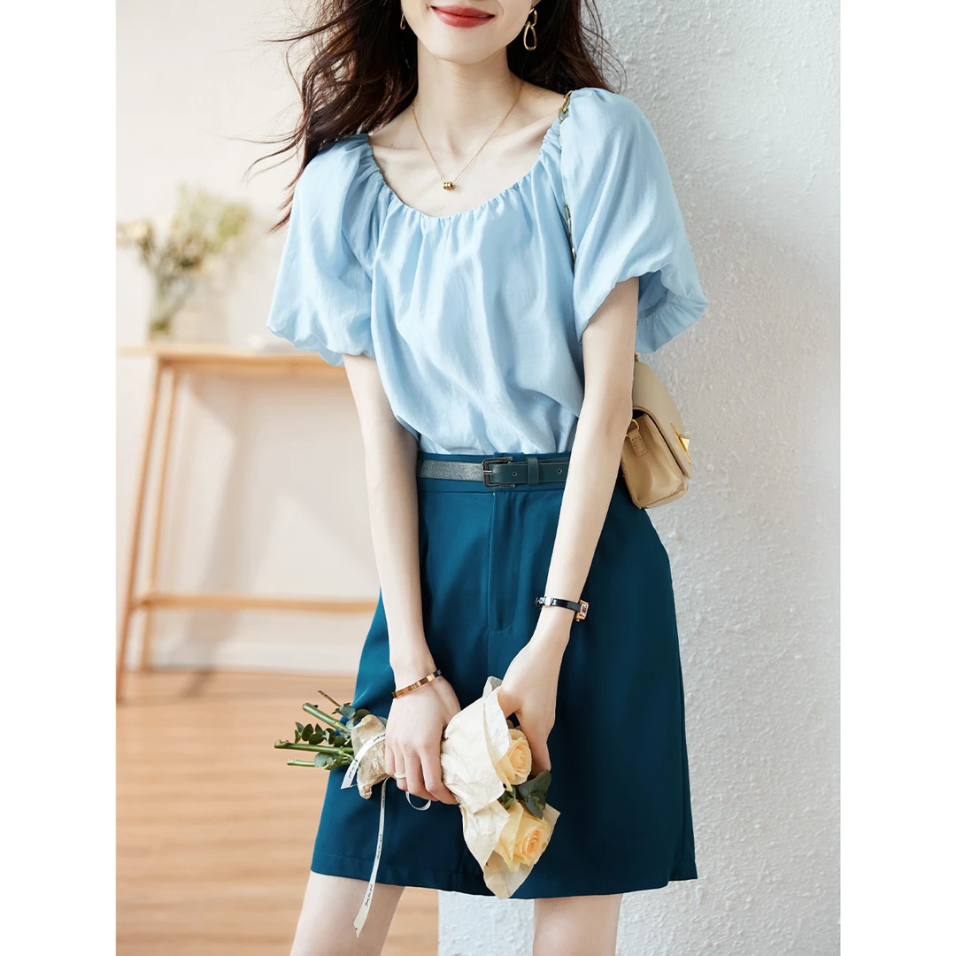 沫晗依美气质简约2025夏季泡泡袖衬衫配腰带短裤百搭套装女装4586