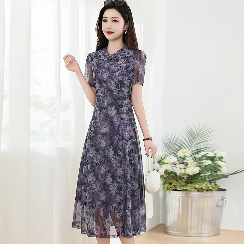 中年妈妈收腰连衣裙2025夏季新款中式气质国风弹力网纱短袖裙子女