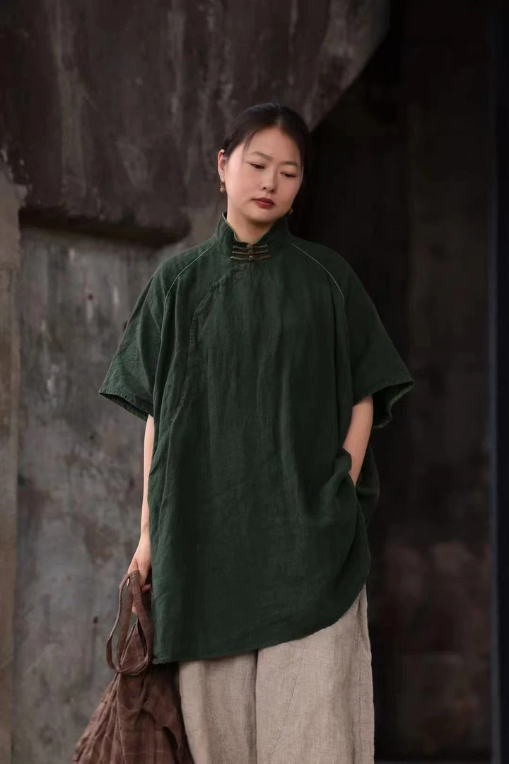 衣绿走来38813立领斜襟亚麻上衣