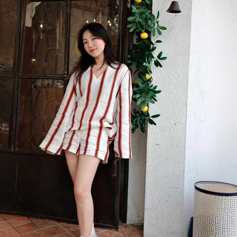 老钱风亚麻衬衫套装女秋季海岛度假防晒长袖V领衬衣阔腿裤两件套