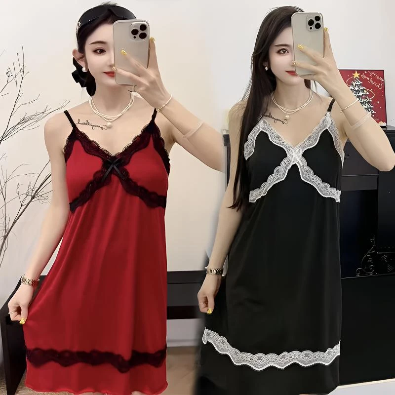 时尚带胸垫露背性感吊带睡裙蕾丝边无袖女士睡衣中长款女神家居服