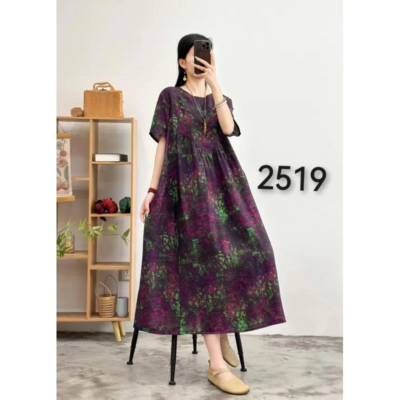 夏季大码碎花显瘦时尚复古宽松印花气质休闲中长款文艺连衣裙2519