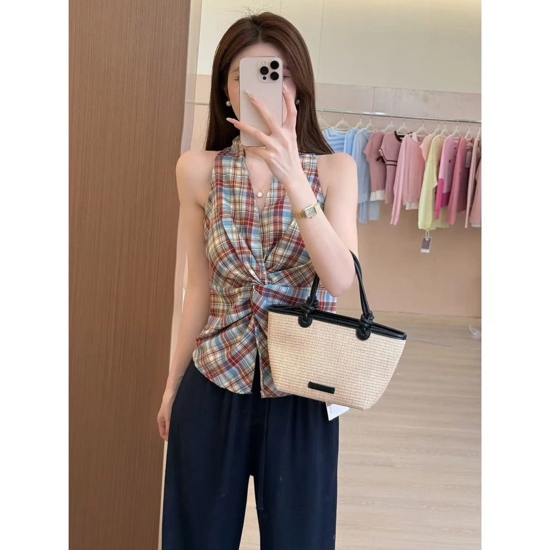 【饼干私服】多巴胺扭结格子挂脖吊带背心女设计感撞色上衣XH0184