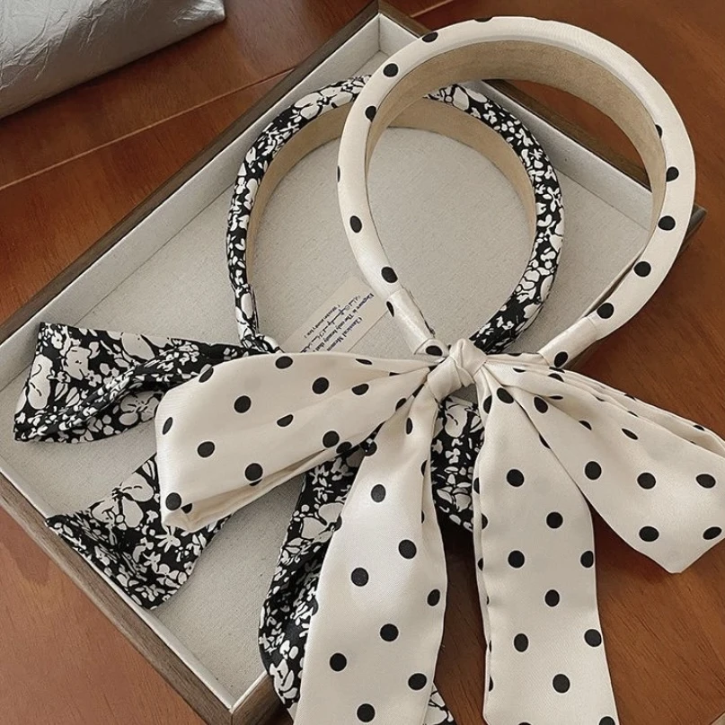 波点蝴蝶结飘带发箍女款洗脸压发头箍高颅顶发捆丝带头饰