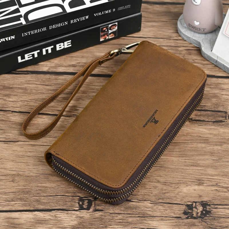 休闲复古男士休闲疯马牛皮长款钱包简约头层牛皮多功能时尚皮钱包