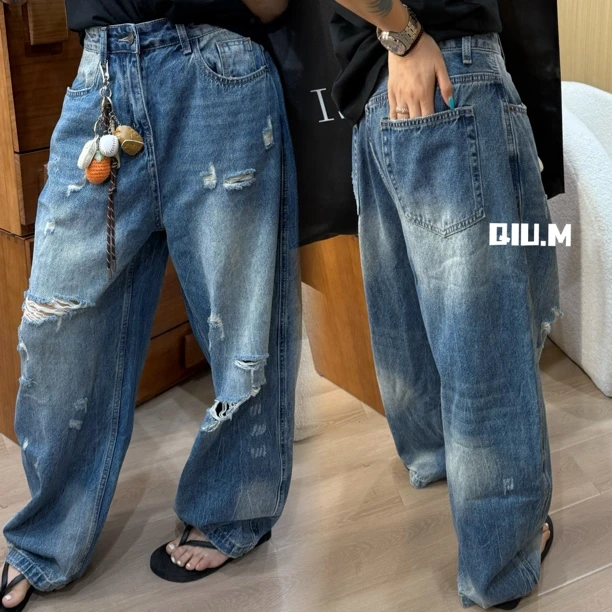 【QM】.破洞定制款牛仔裤薄款洋气小众设计师款手工艺磨破宽松个性