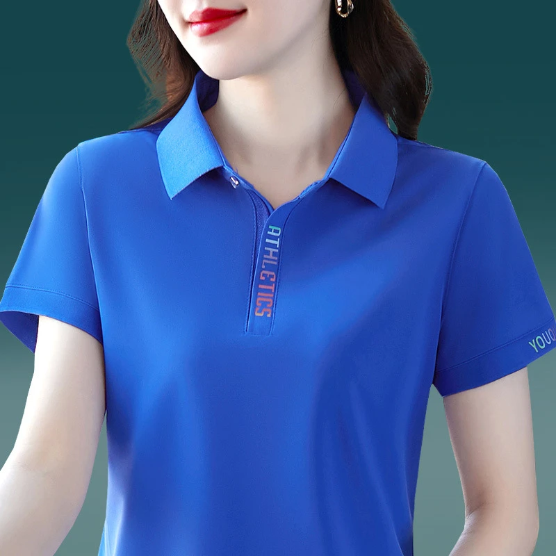翻领冰丝短袖t恤女2025新款爆款夏季高端妈妈速干polo衫运动上衣